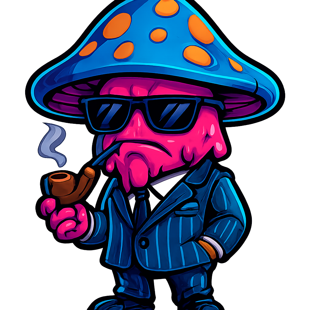 Mellow Mafia mascot — a sharply dressed mushroom boss