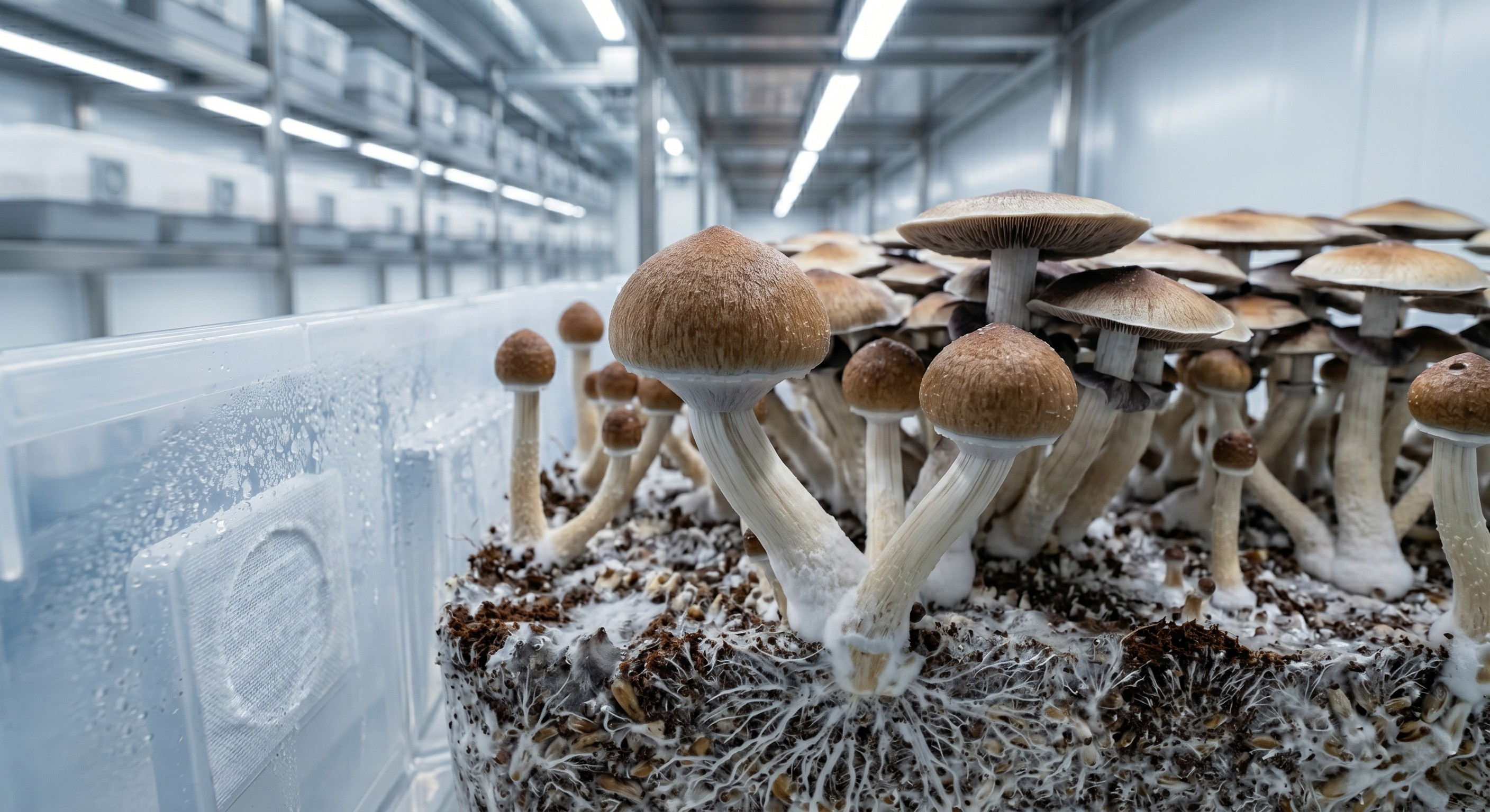 Climate-controlled cultivation lab growing mushrooms in clean trays