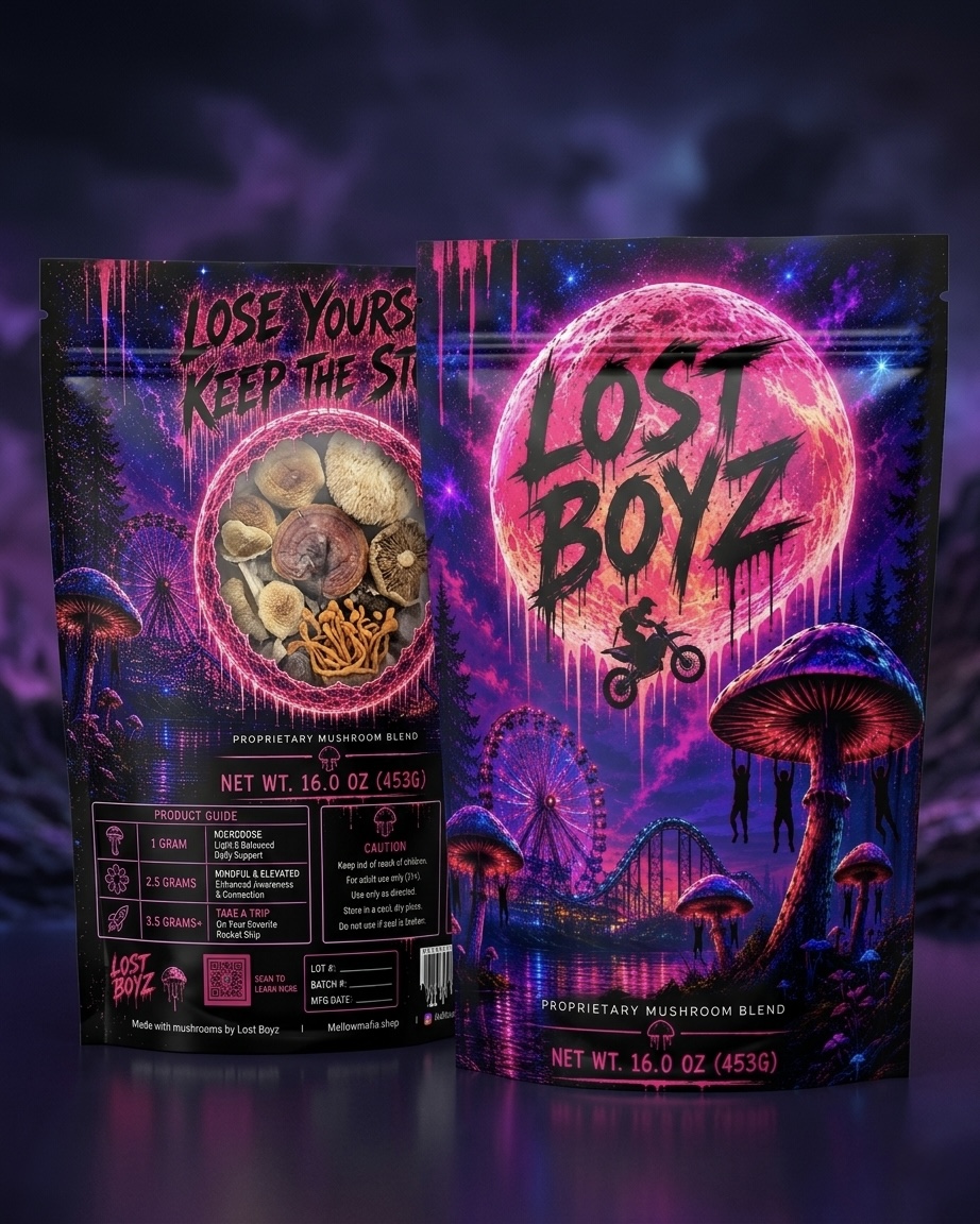 Lost Boyz proprietary mushroom blend packaging